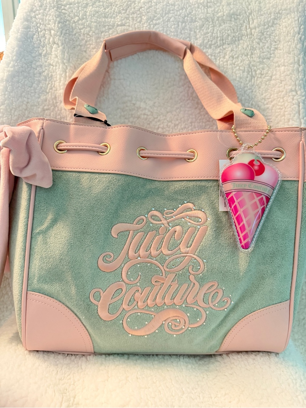 Juicy Couture Pink and Green Embroidered Logo Tote